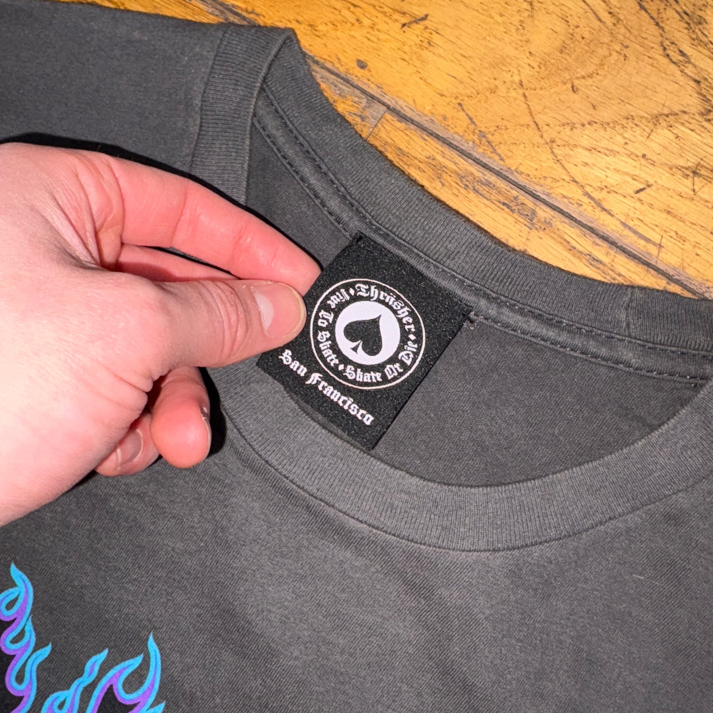 Vintage Thrasher Grey Skate Flames Graphic T-Shirt - XS