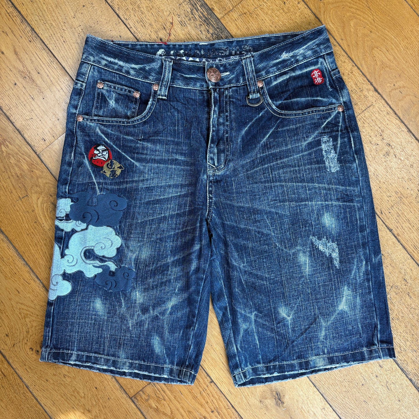Vintage Big Train Embroidered Japanese Blue Shorts Jorts - 32