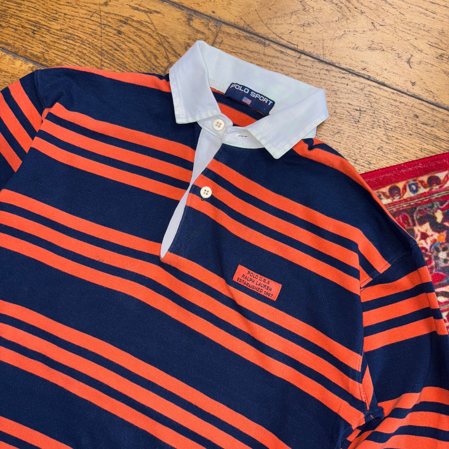 Vintage Polo Sport Ralph Lauren Orange Navy Stripe Rugby Polo Shirt - XS