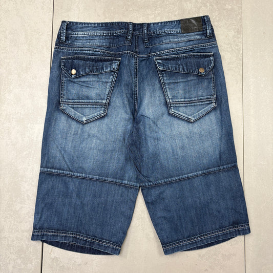 Vintage Embroidered Hip Hop Baggy Blue Shorts Jorts - 38