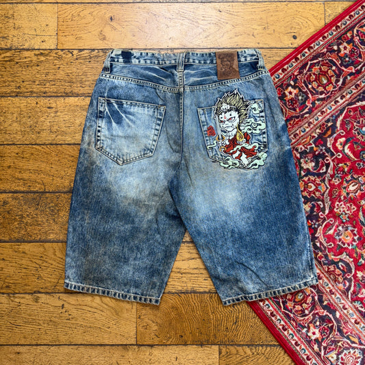 Vintage Jizo Embroidered Japanese Hip Hop Blue Shorts Jorts - 32