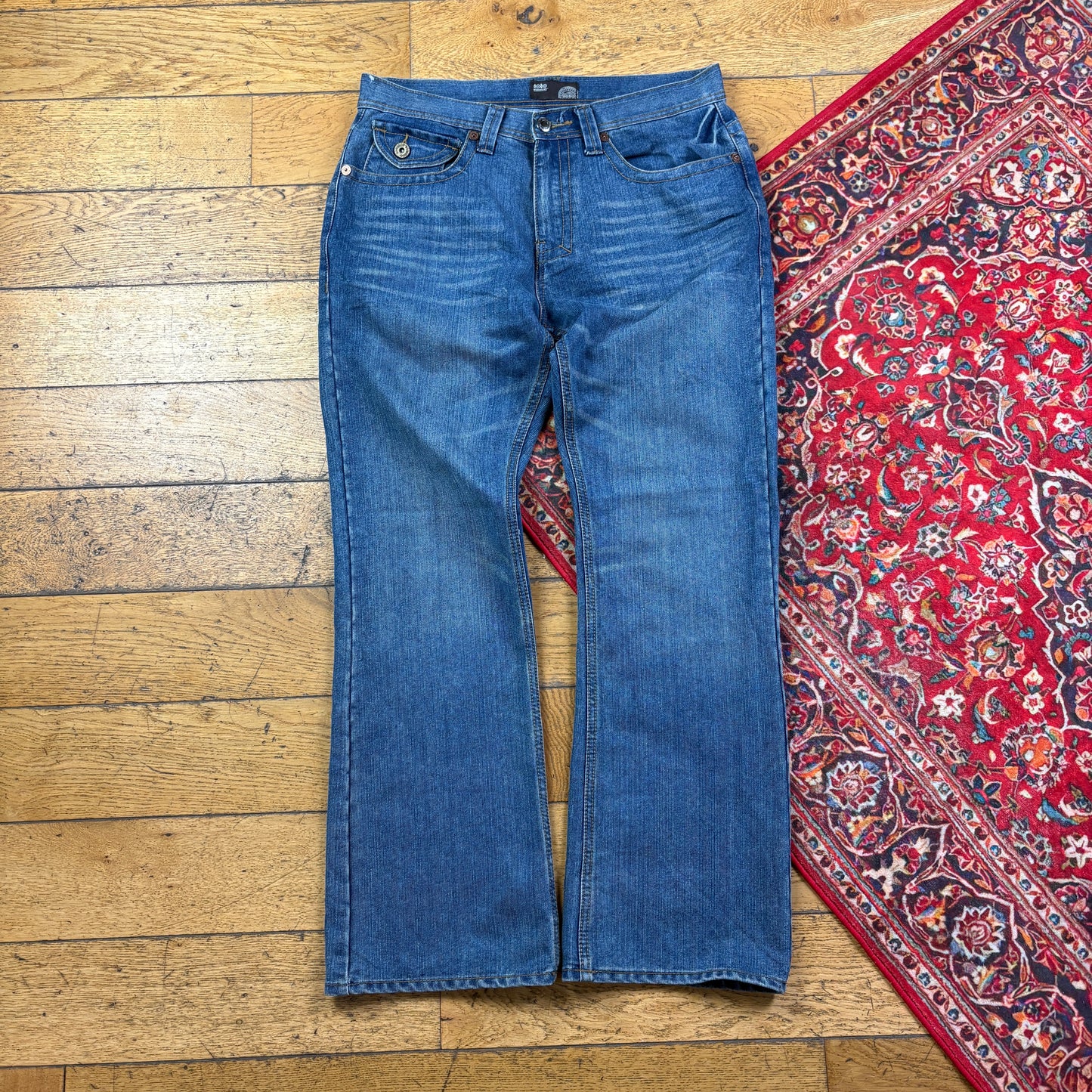 Vintage Nobo Blue Embroidered Y2K Hip Hop Bootcut Baggy Jeans - 36