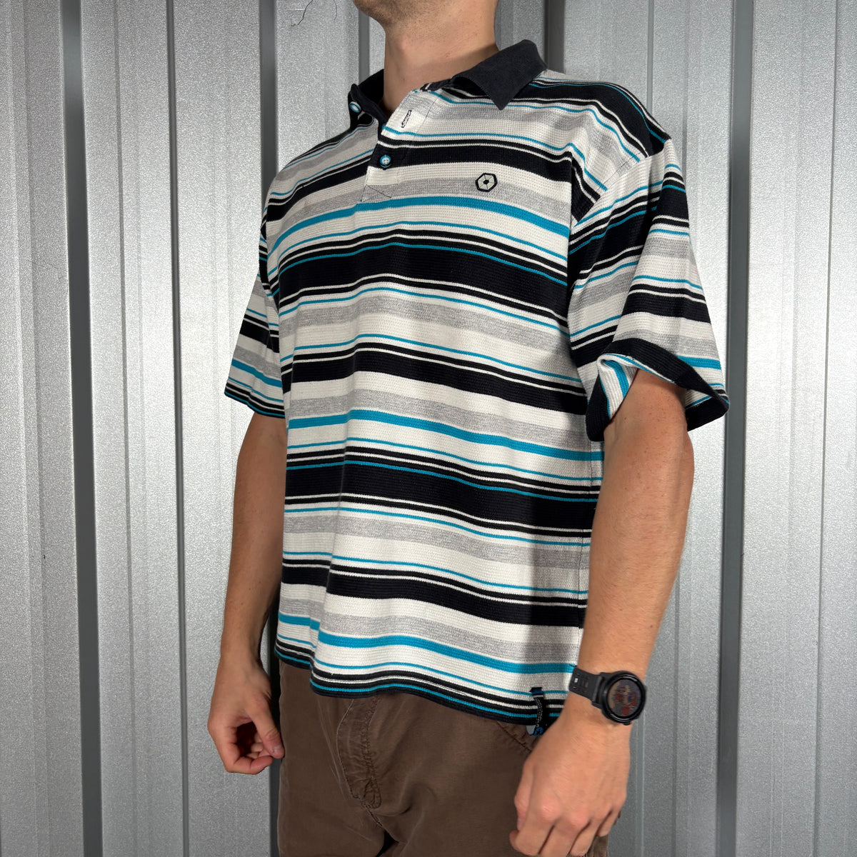 Southpole Blue white Stripe Boxy Hip Hop Y2K Polo T Shirt - L