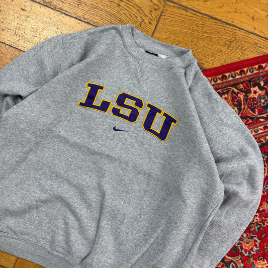Vintage Nike LSU Grey American College Embroidered Sweatshirt - M