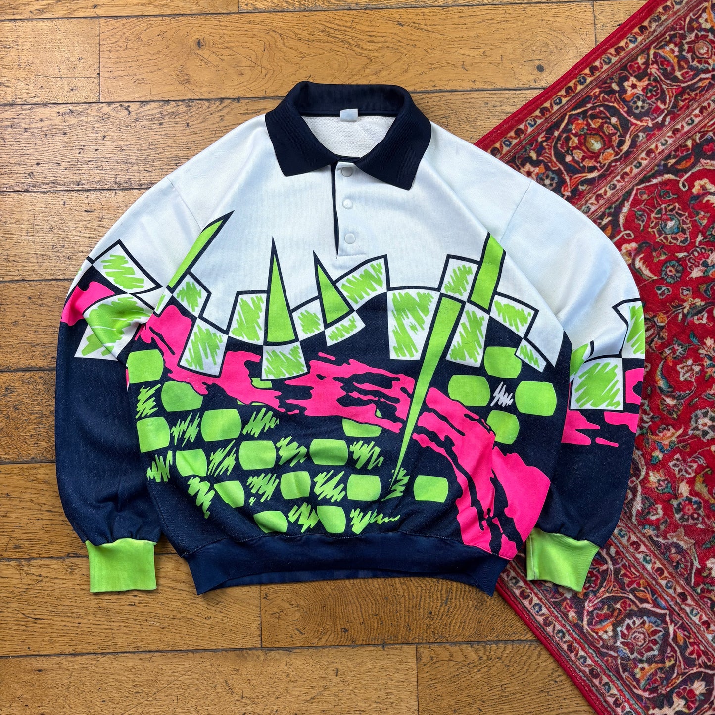 Vintage 90s White Pattern Rugby Polo Sweatshirt - L