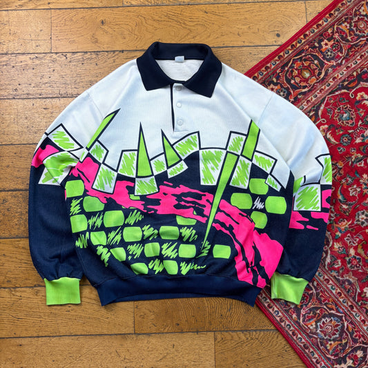Vintage 90s White Pattern Rugby Polo Sweatshirt - L
