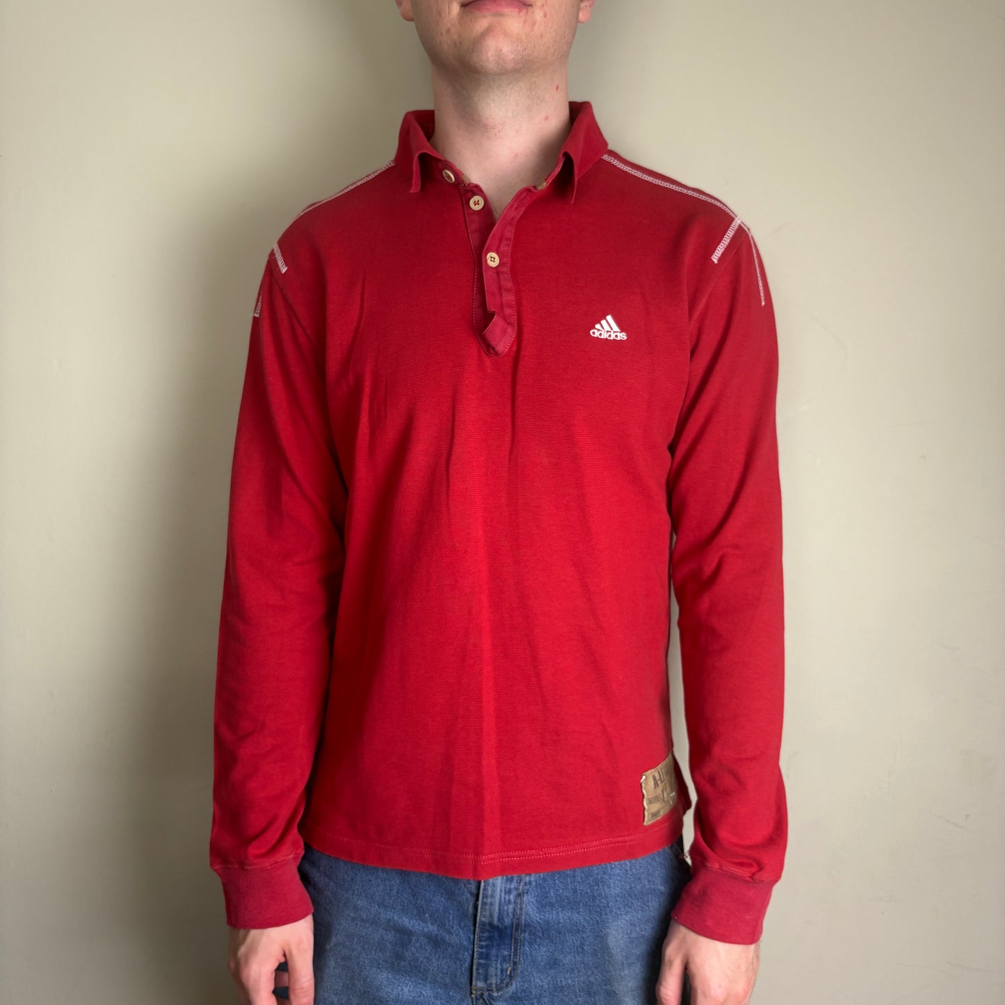 Vintage Adidas Red Long Sleeve Rugby Polo Shirt - M