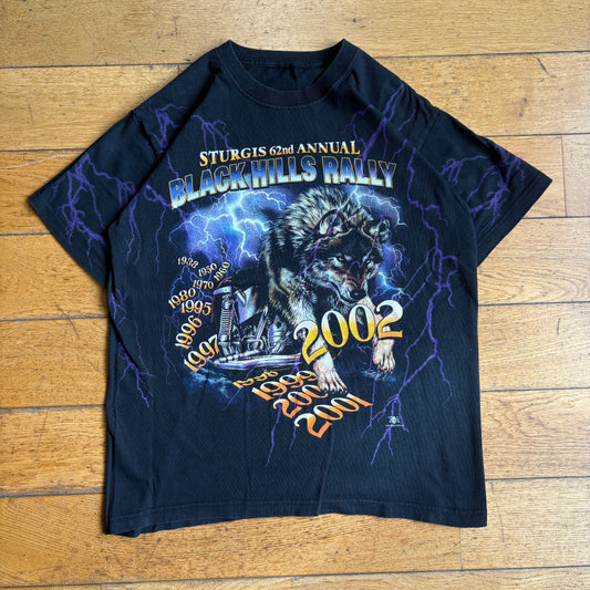 Vintage 2002 Motorbike Wolf Lightning Graphic Black T-Shirt - M
