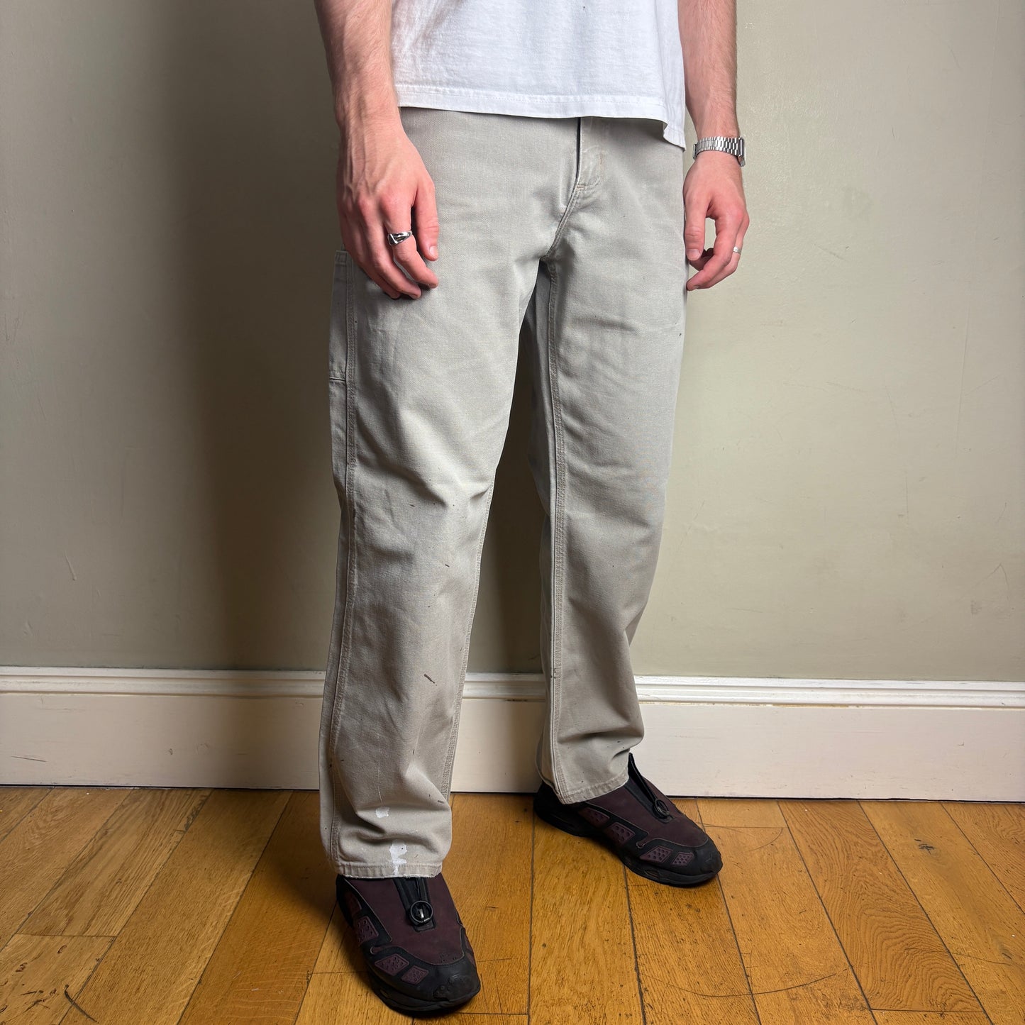 Vintage Carhartt Cream Light Brown Workwear Carpenter Baggy Trousers - 33R