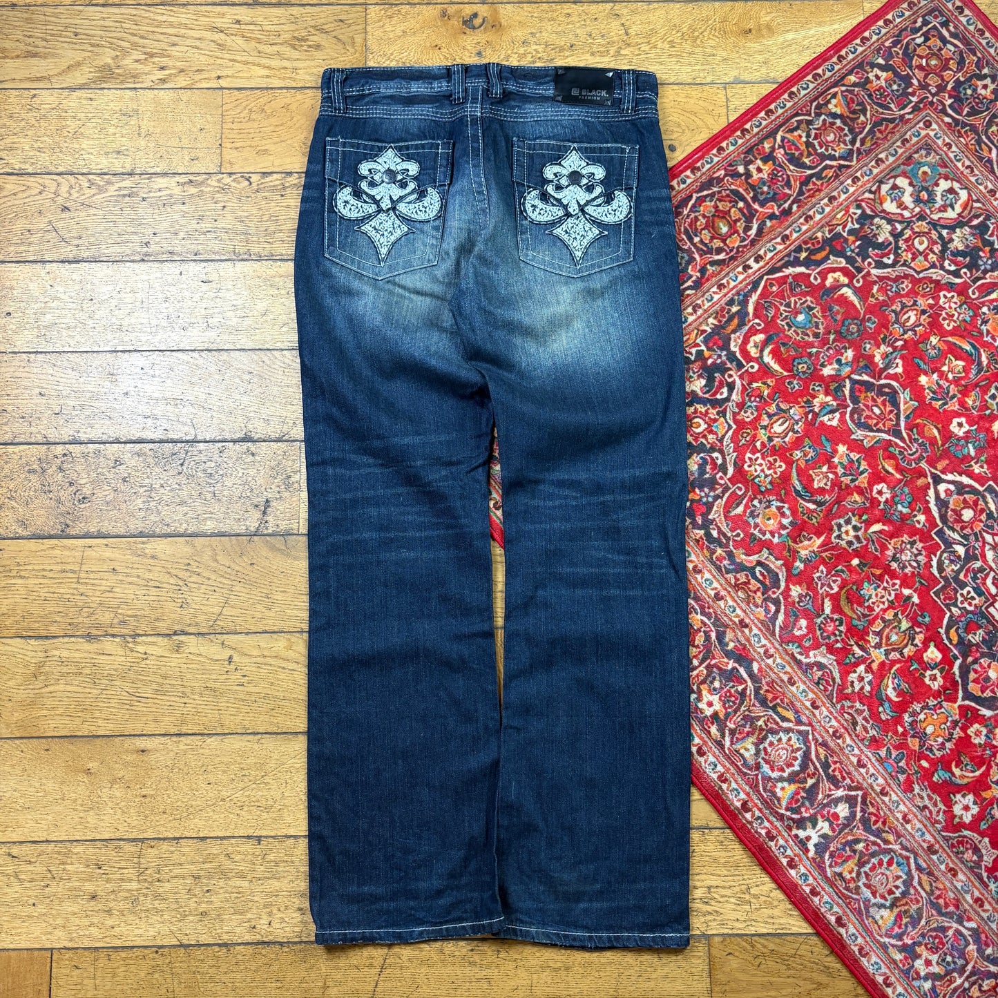 Vintage Blue Embroidered Y2K Hip Hop Bootcut Baggy Jeans - 38