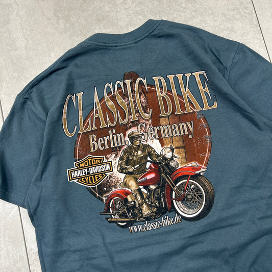 Vintage Harley Davidson Blue Motorbike Graphic T-Shirt - M