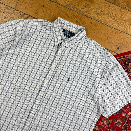 Vintage Ralph Lauren White Short Sleeve Check Embroidered Shirt - 2XL