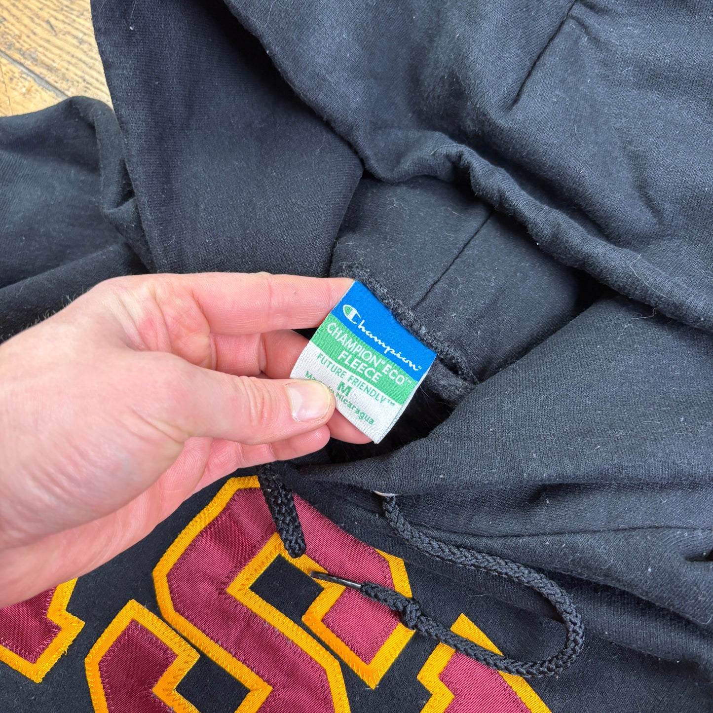 Vintage Champion Black USA College Boxy Hoodie Embroidered Sweatshirt - M