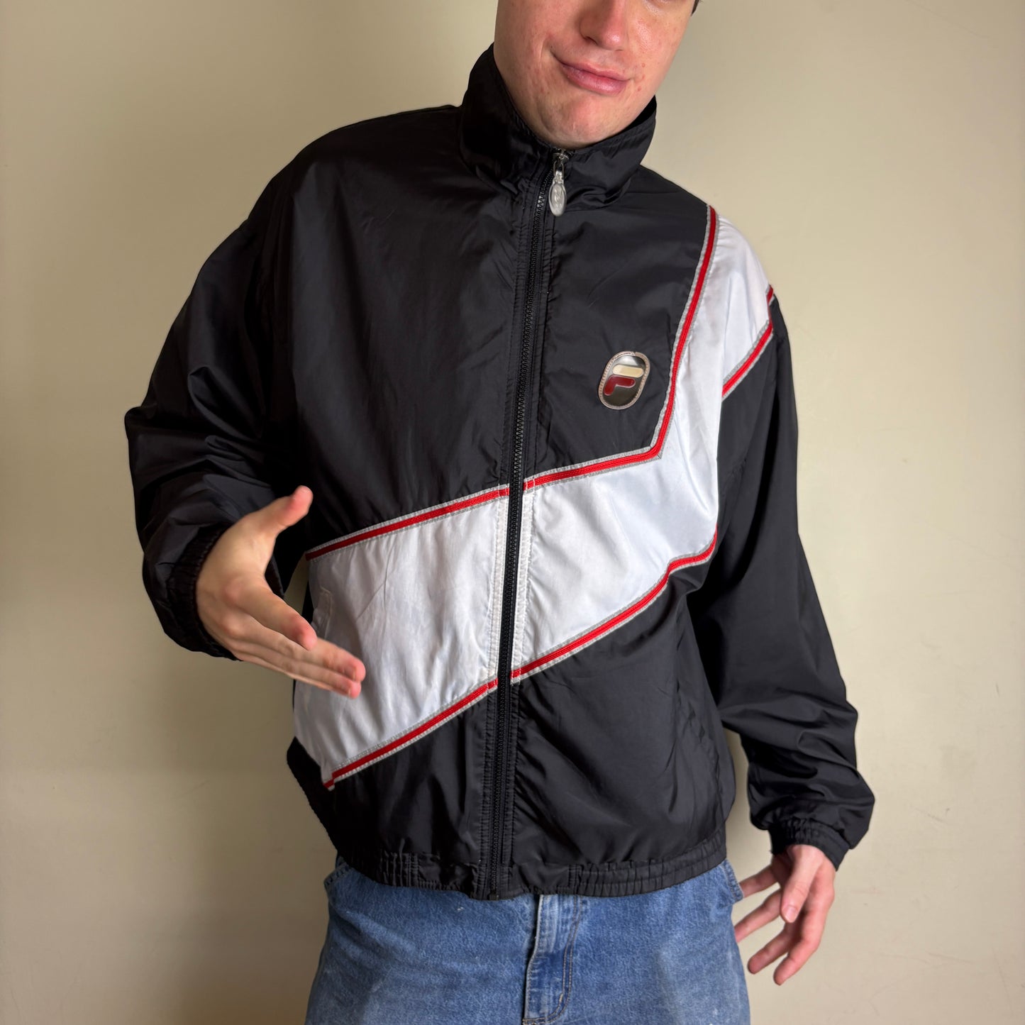 Vintage Fila Black Tracksuit Track Shell Windbreaker Jacket - L