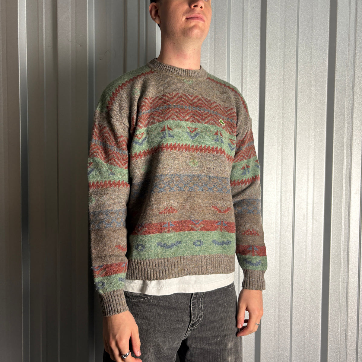 Vintage Chemise Lacoste 90s Green Grey Pattern Wool Chunky Knit Jumper - M