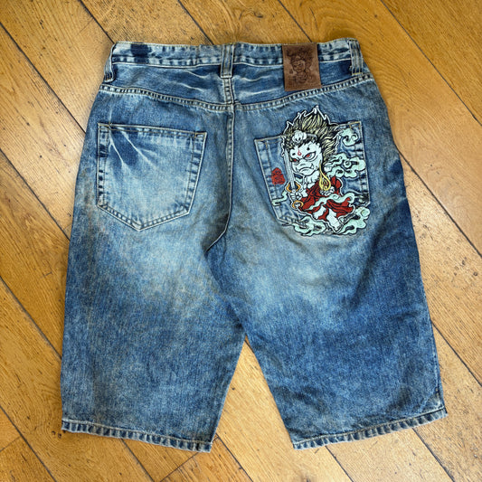 Vintage Jizo Embroidered Japanese Hip Hop Blue Shorts Jorts - 32