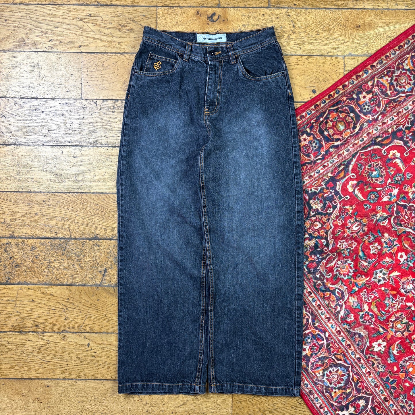 Vintage Rocawear Black Embroidered Y2K Hip Hop Baggy Jeans - 28