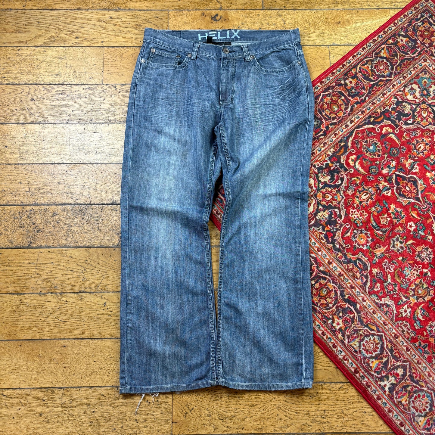 Vintage Helix Blue Embroidered Y2K Hip Hop Bootcut Baggy Jeans - 38