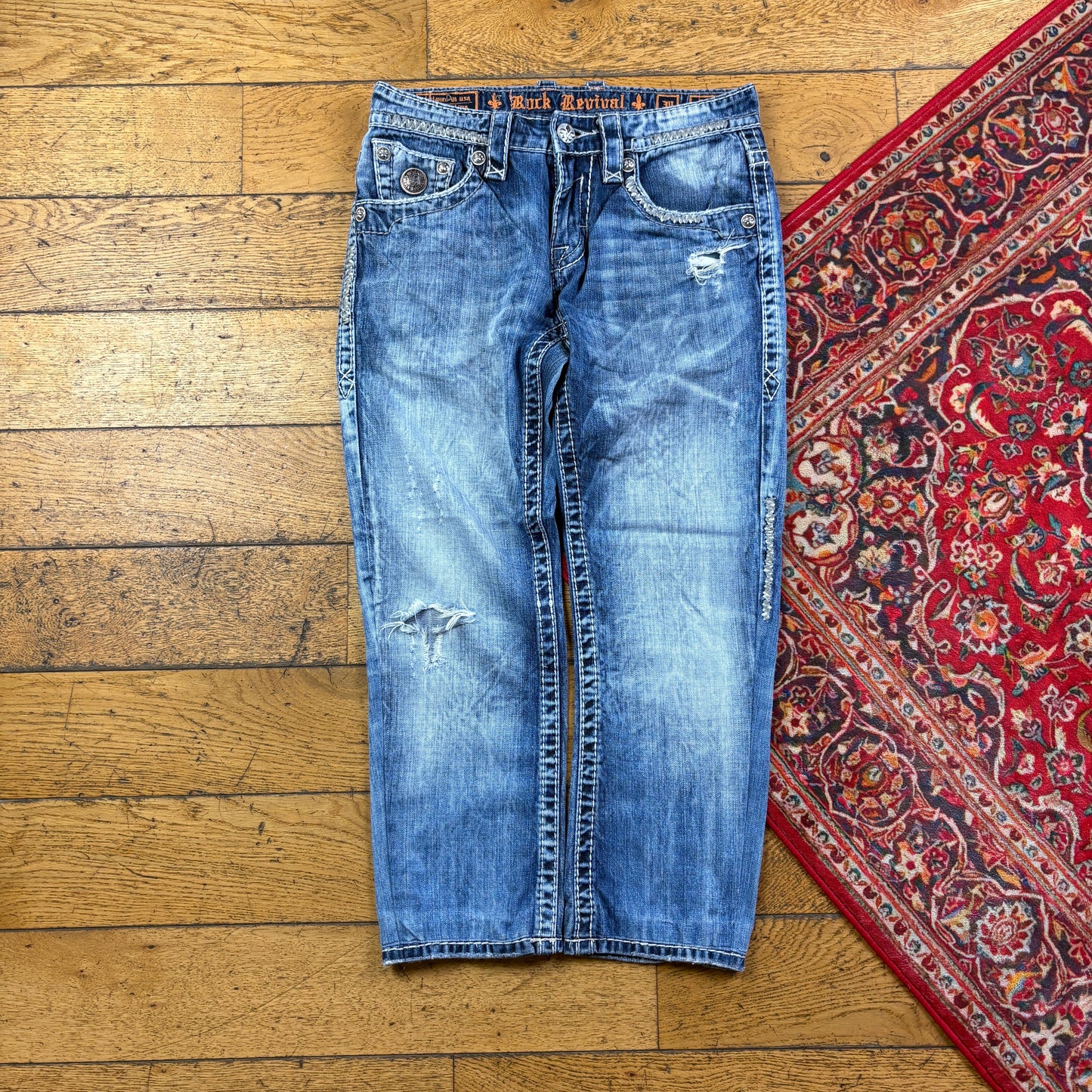 Vintage Rock Revival Blue Embroidered Y2K Hip Hop Straight Jeans - 32