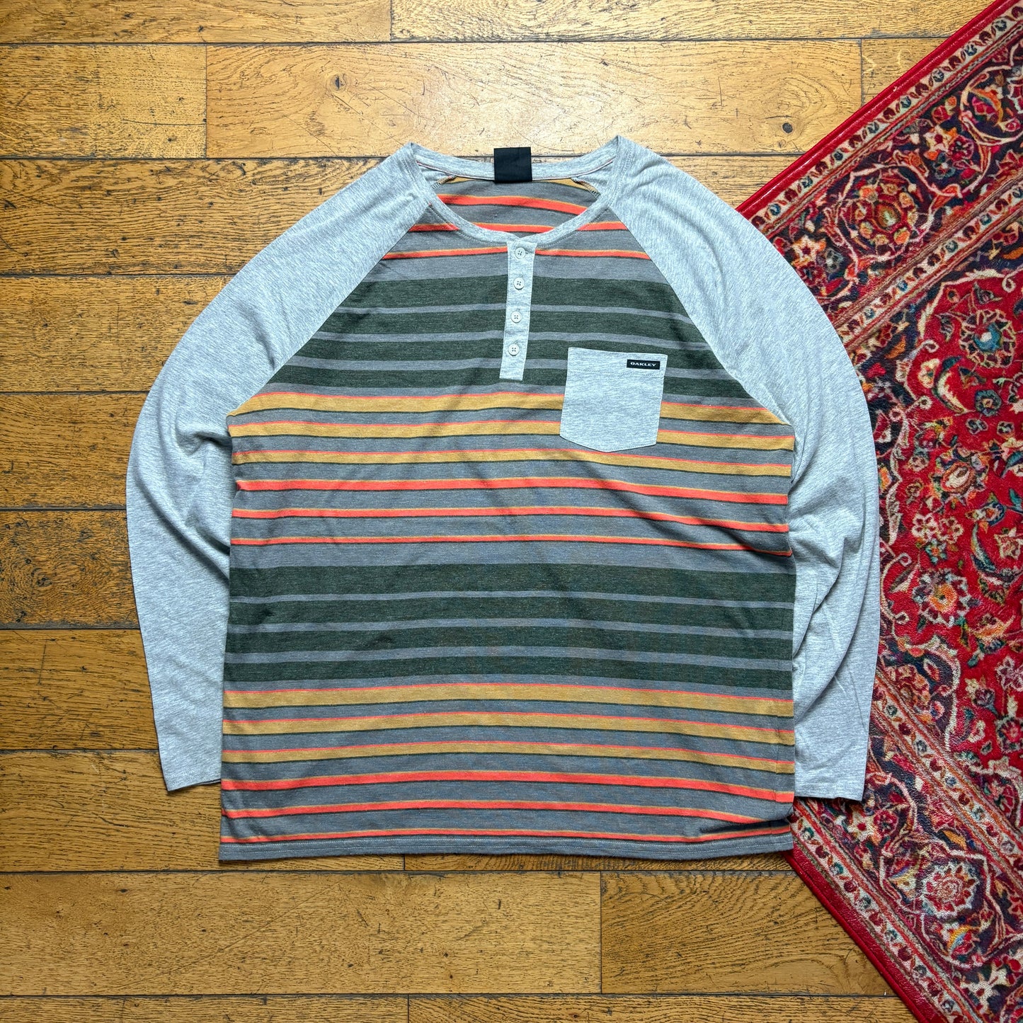 Vintage Oakley Raglan Stripe Grey Long Sleeve T-Shirt - XL