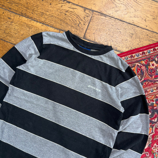 Vintage Dickies Grey Black Long Sleeve Stripe Embroidered T-Shirt - XS
