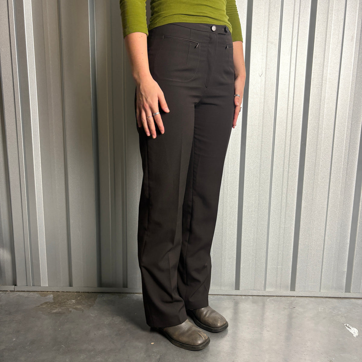 Brown High Waisted Y2K Italian Straight Leg Tailored Smart Trousers - 28