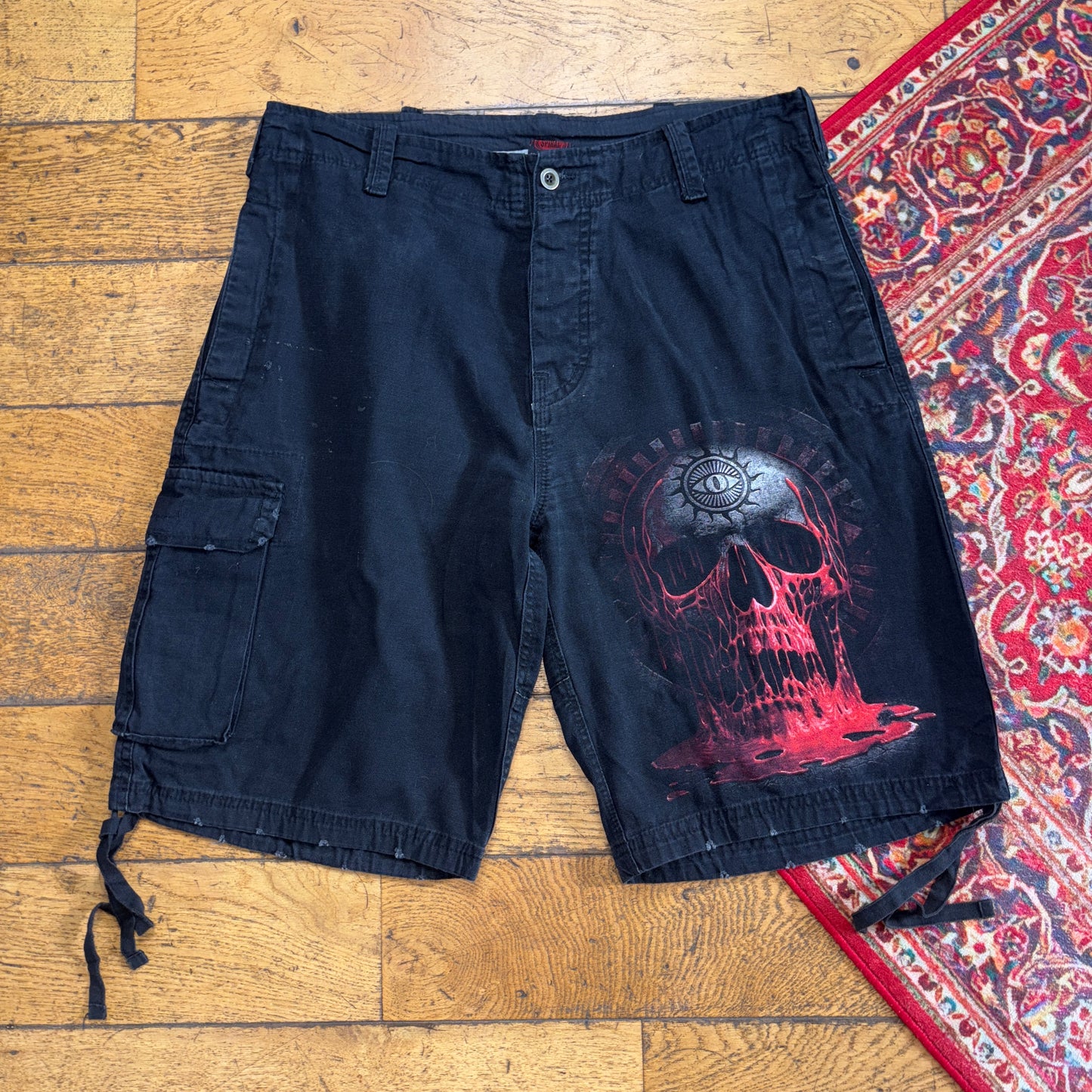 Vintage Black Grunge Punk Y2K Black Cargo Baggy Jeans Shorts Jorts - 36