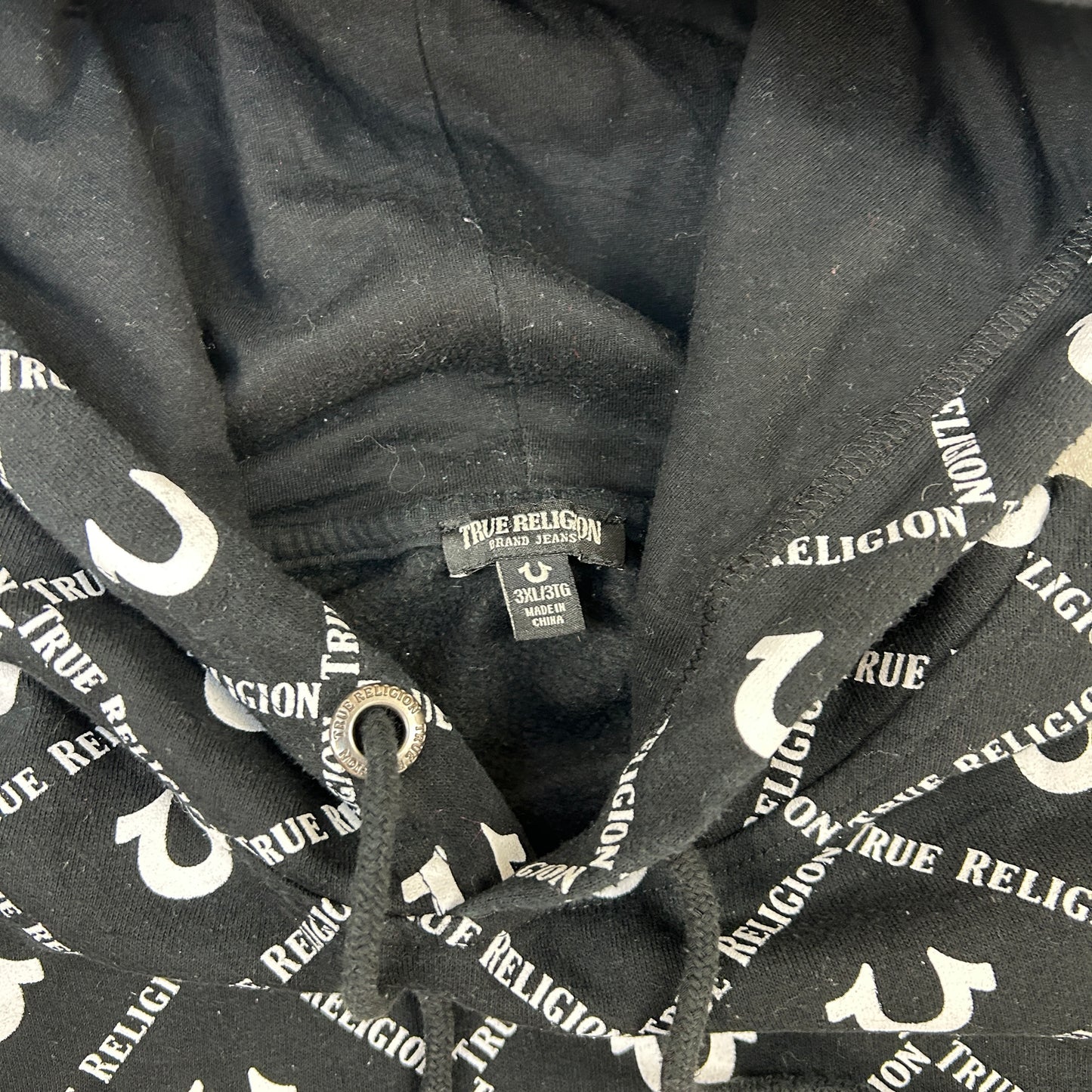 Vintage 00s True Religion All Over Print Black Hoodie Sweatshirt - 3XL