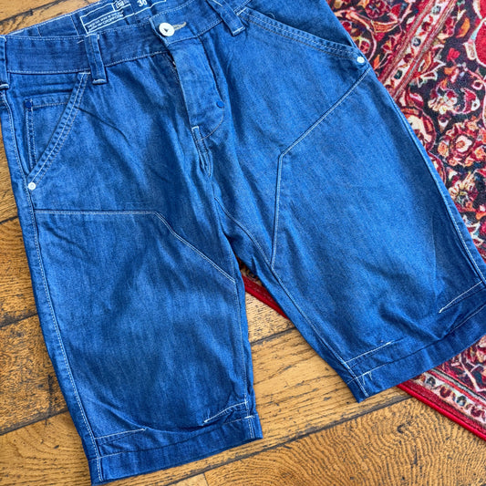 Vintage Blue Double Knee Denim Slim Shorts - 32