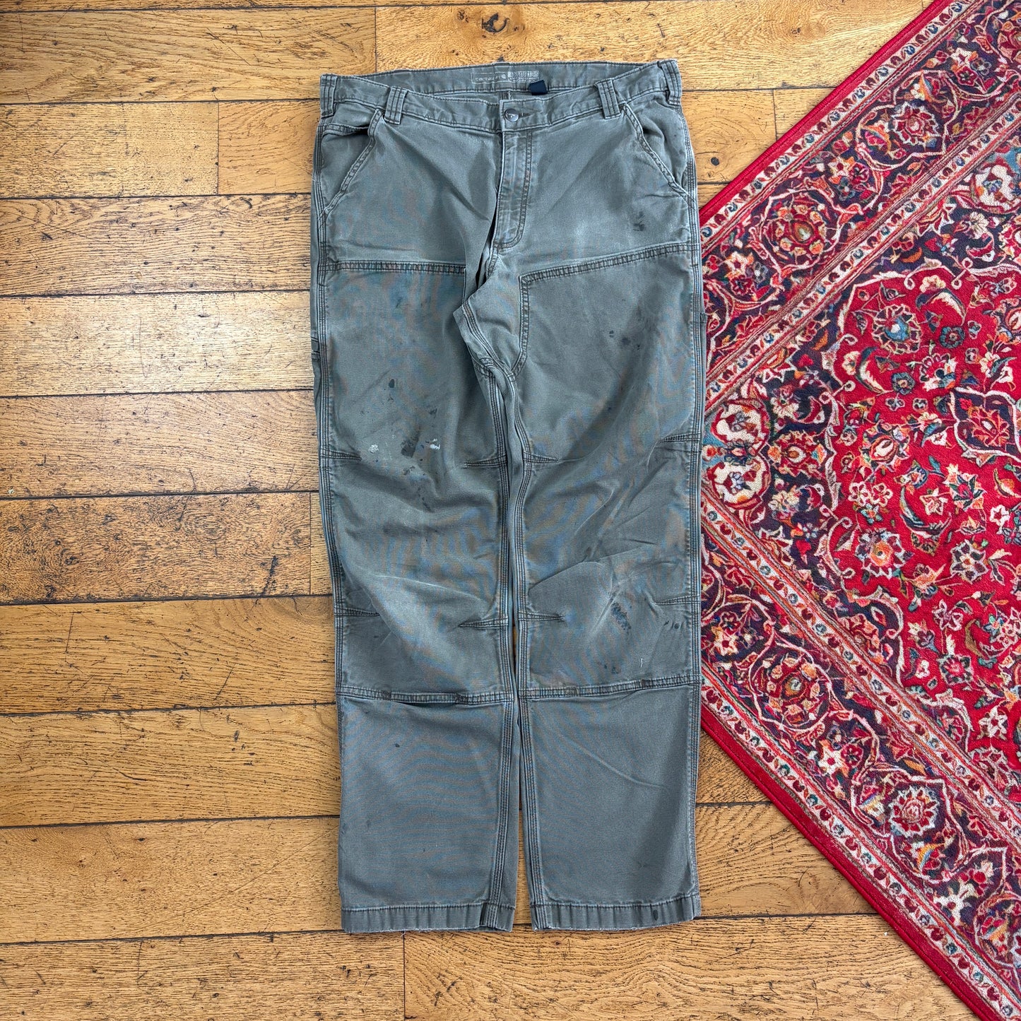 Vintage Carhartt Grey Green Double Knee Workwear Carpenter Trousers - 36