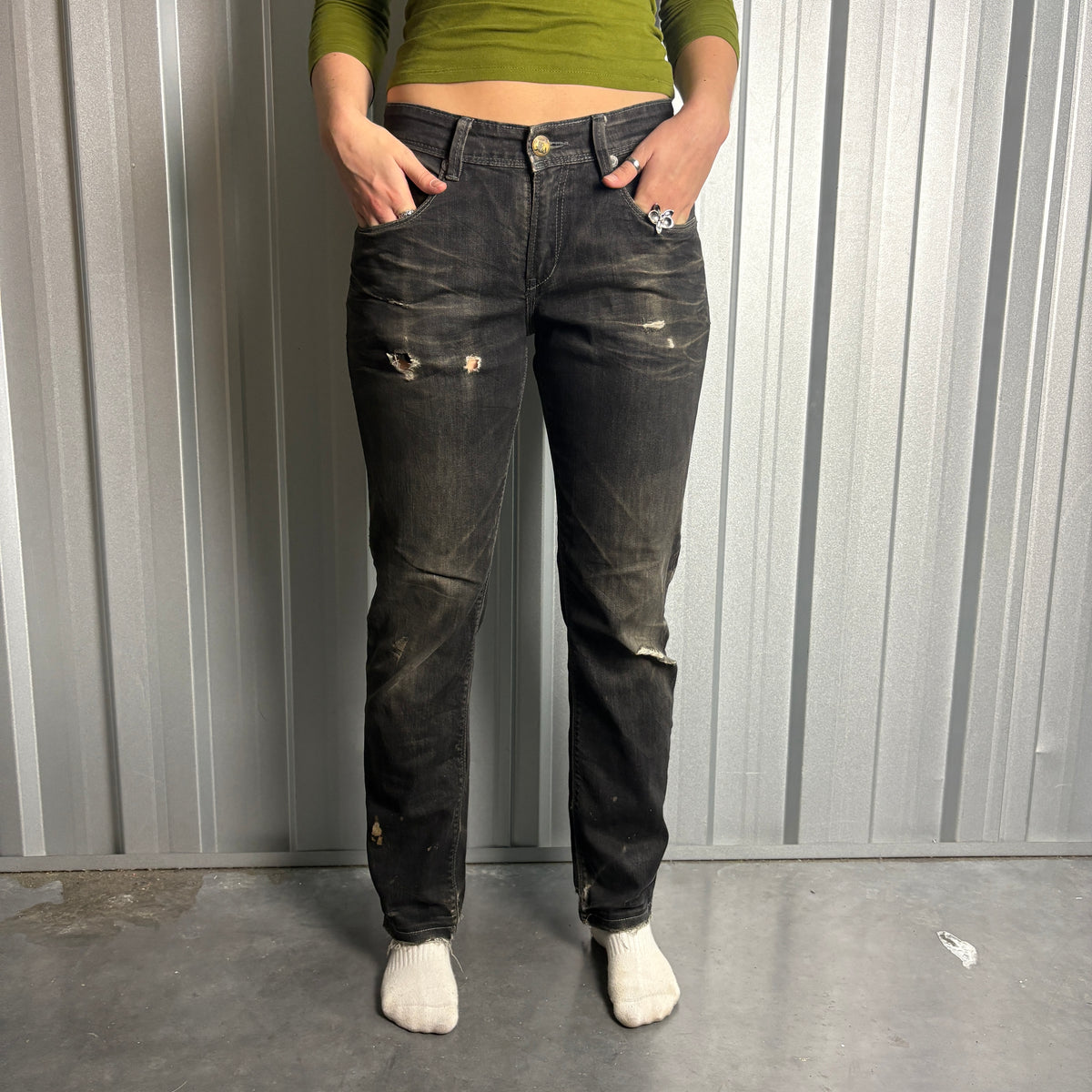 Oniarai Black Embroidered Japanese Denim Hip Hop Y2K Straight Jeans - 30S