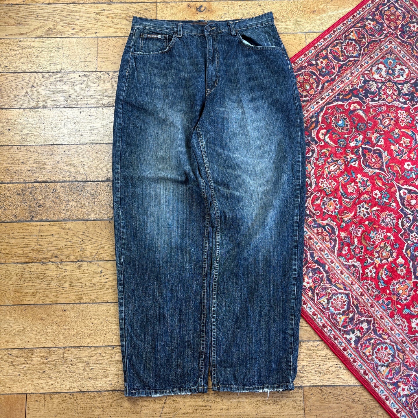 Vintage Noiz Jeans Navy Blue Embroidered Y2K Hip Hop Baggy Jeans - 38