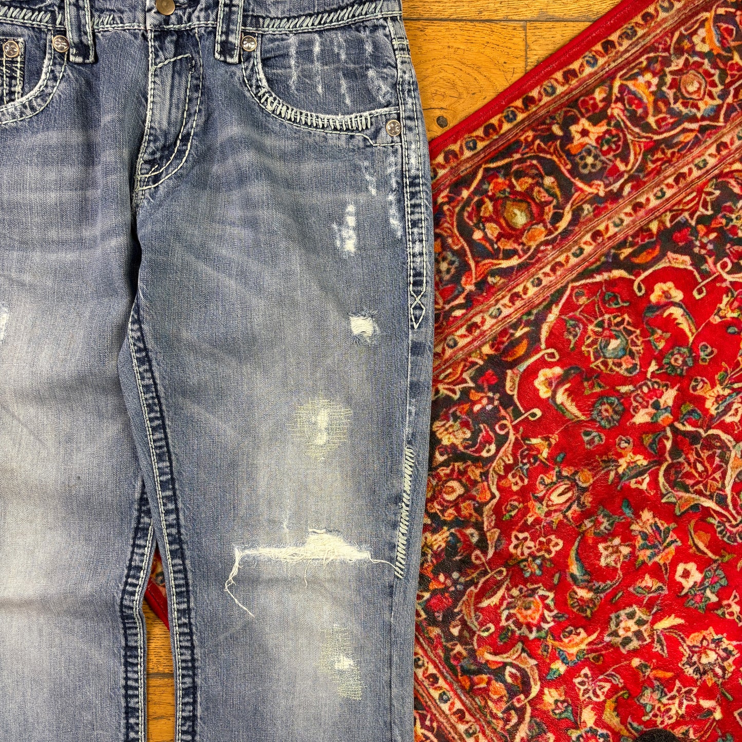 Vintage Rock Revival Blue Embroidered Y2K Hip Hop Straight Jeans - 38