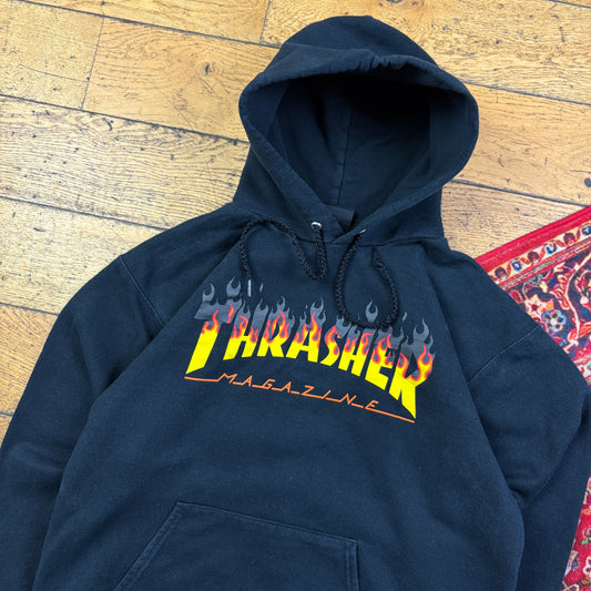 Vintage Thrasher Flames Black Hoodie Skate Sweatshirt - S