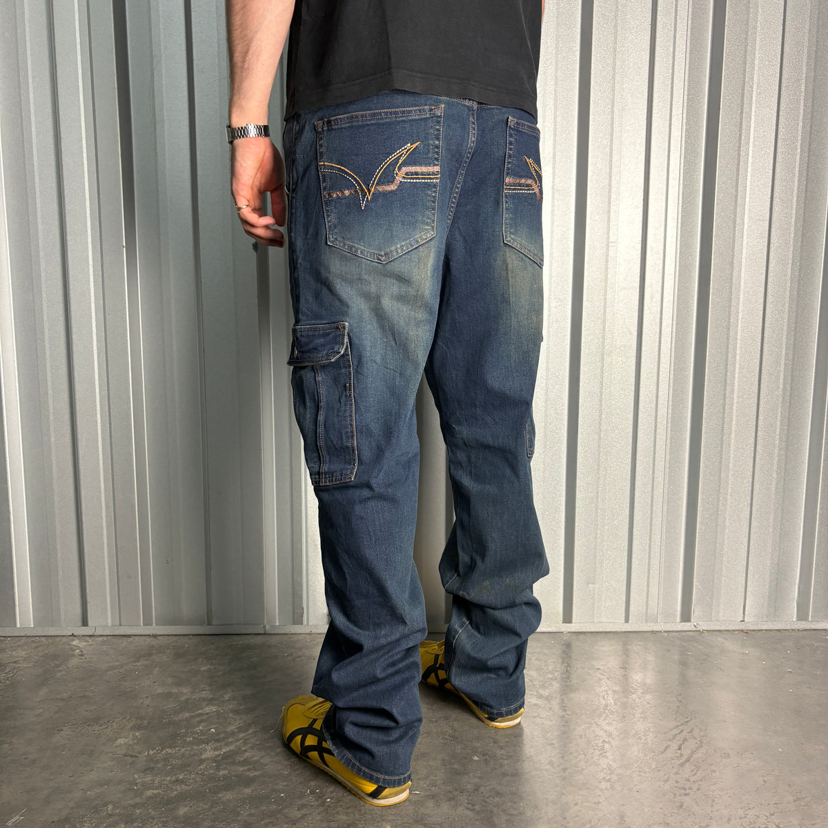 Embroidered Blue Cargo Japanese Denim Hip Hop Y2K Baggy Jeans - 36R