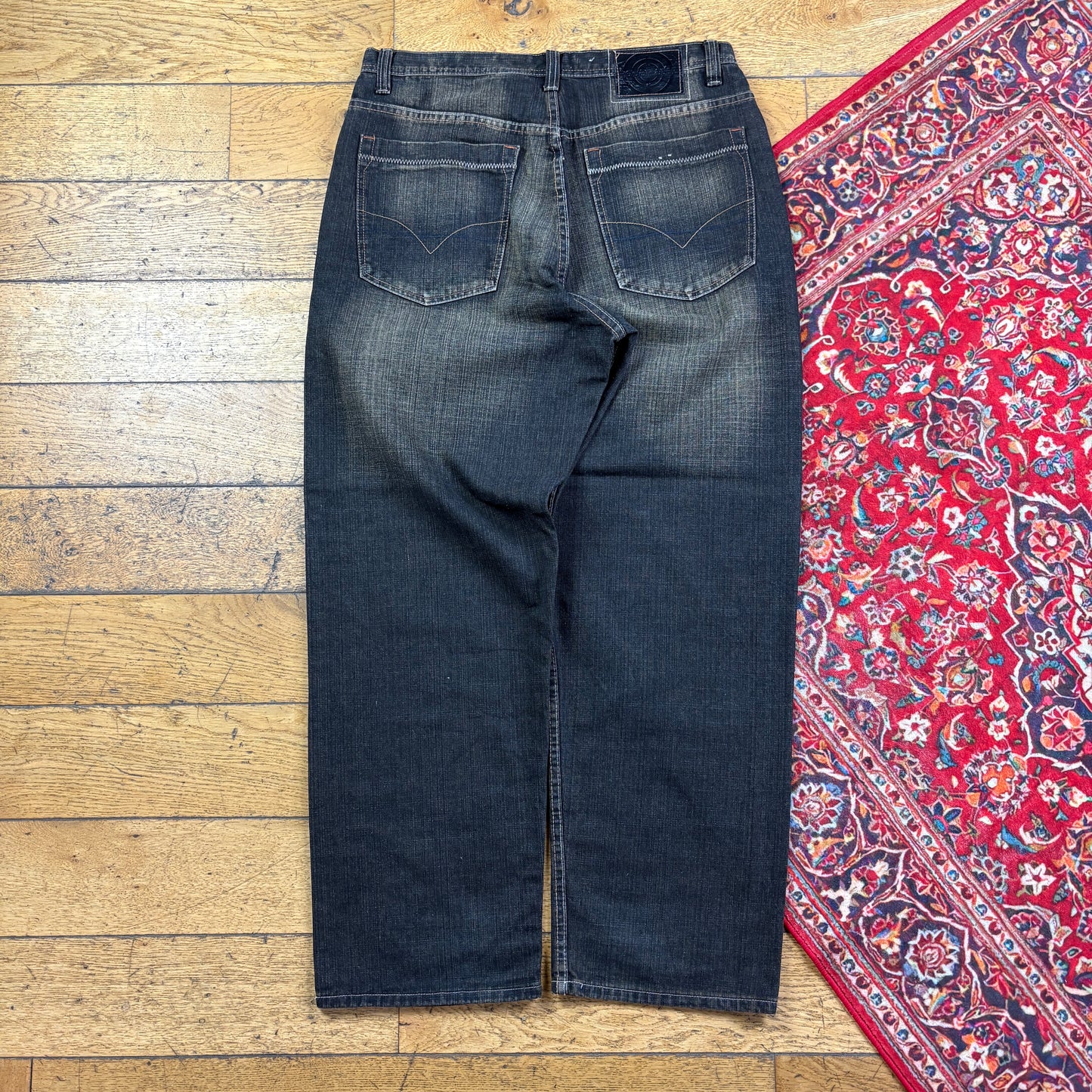 Vintage Black Embroidered Y2K Hip Hop Baggy Jeans - 36