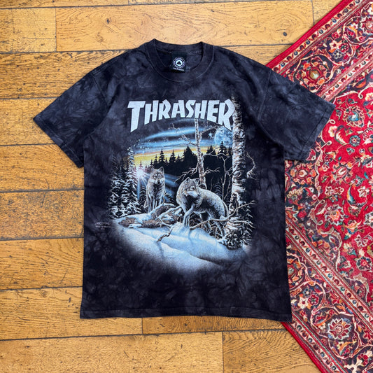 Vintage Thrasher Wolves Skate Tie Dye Black Grey Graphic T-Shirt - S