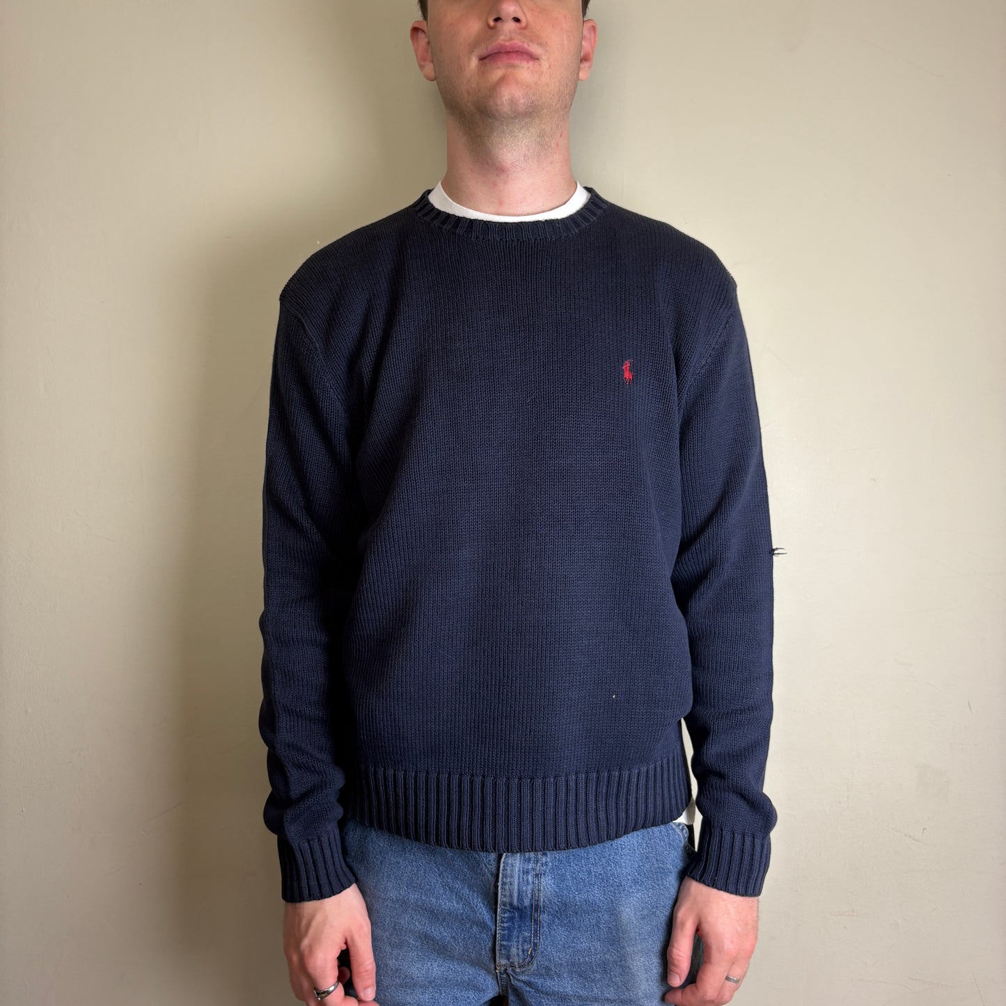 Vintage Ralph Lauren Crewneck Knit Navy Embroidered Sweatshirt - L