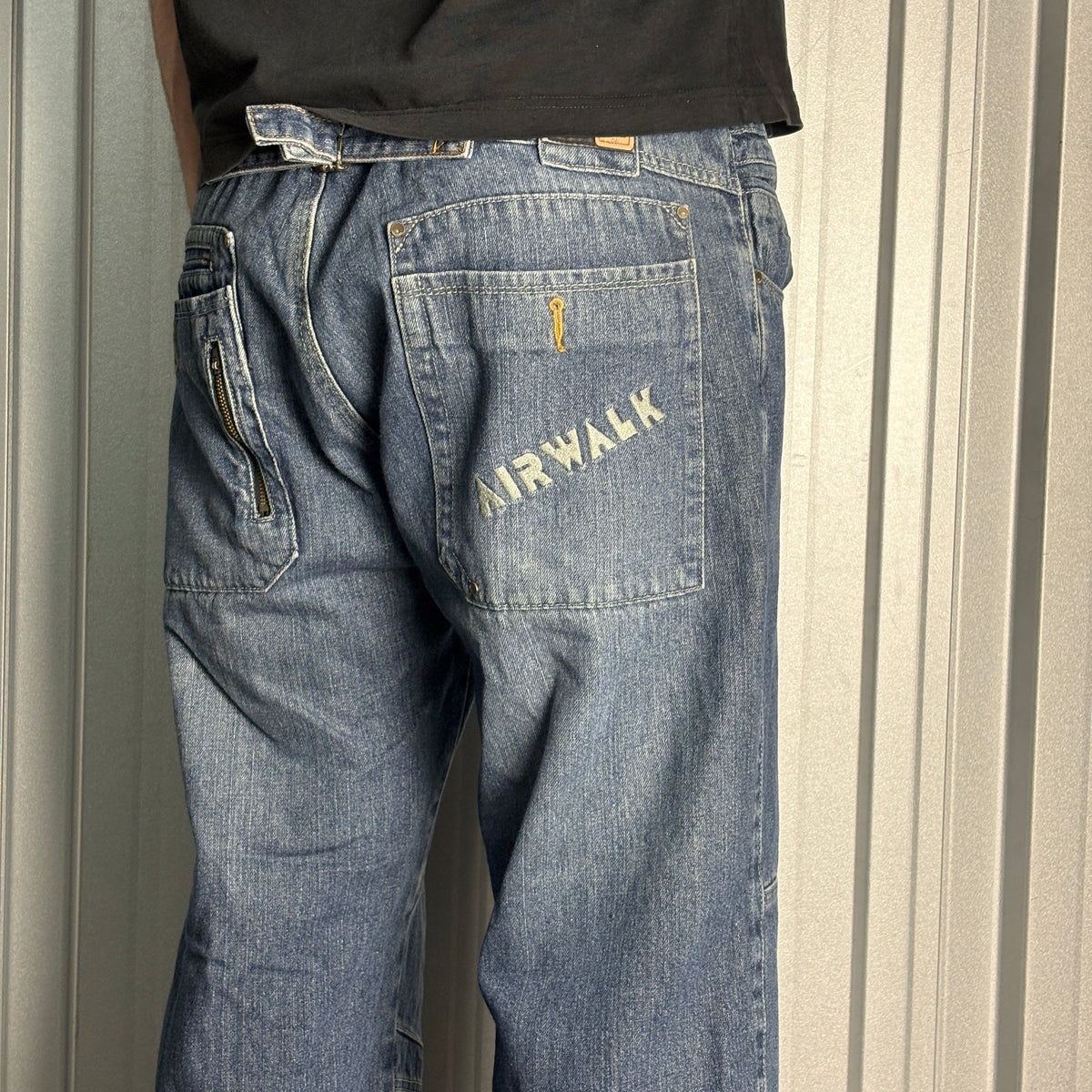 Airwalk Buckle Back Blue Cargo Embroidered Hip Hop Y2K Baggy Jeans - 36S