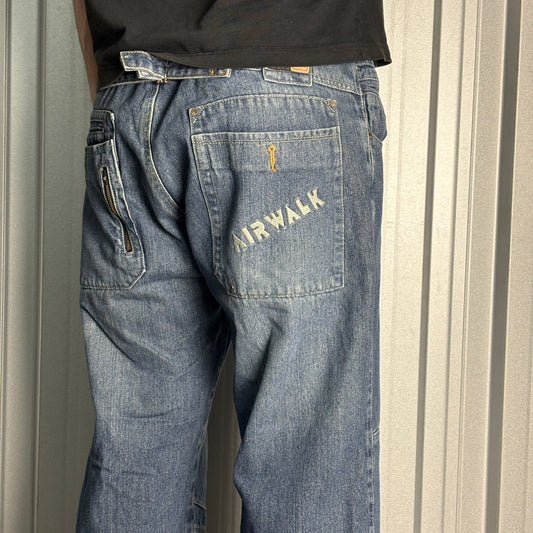 Airwalk Buckle Back Blue Cargo Embroidered Hip Hop Y2K Baggy Jeans - 36S