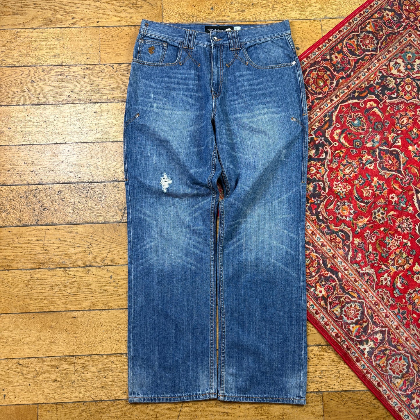 Vintage Rocawear Blue Embroidered Y2K Hip Hop Baggy Jeans - 36