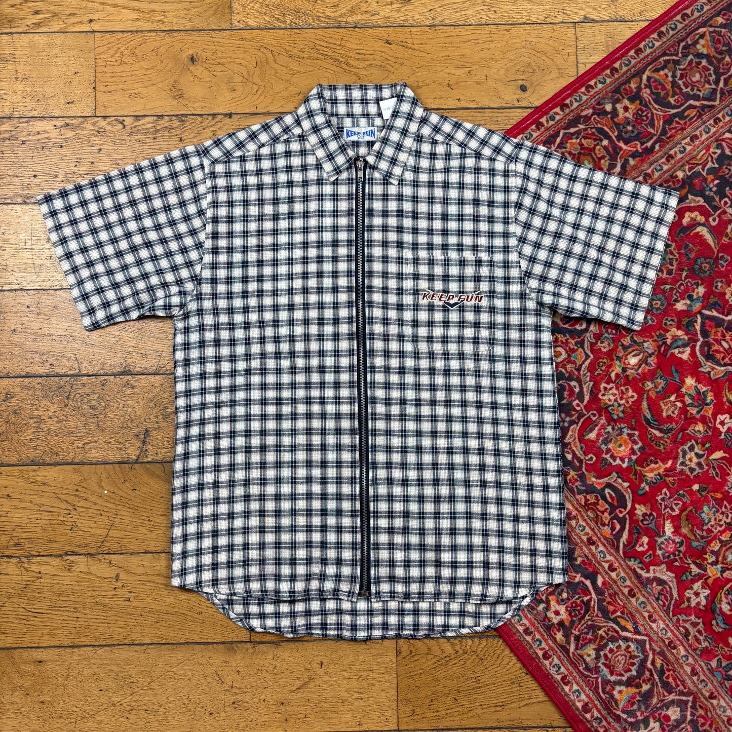 Vintage Keep Fun Cream Black Check Short Sleeve Zip Embroidered Shirt - S