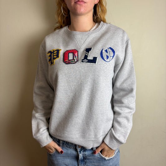 Vintage Ralph Lauren Spellout Polo Grey Womens Embroidered Sweatshirt - XL