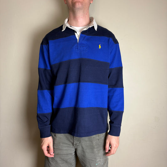 Vintage Ralph Lauren Blue Navy Stripe Rugby Polo Shirt - M