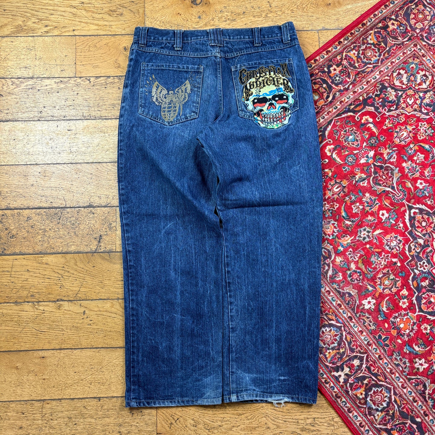 Vintage Blue Skull Embroidered Y2K Hip Hop Baggy Jeans - 36