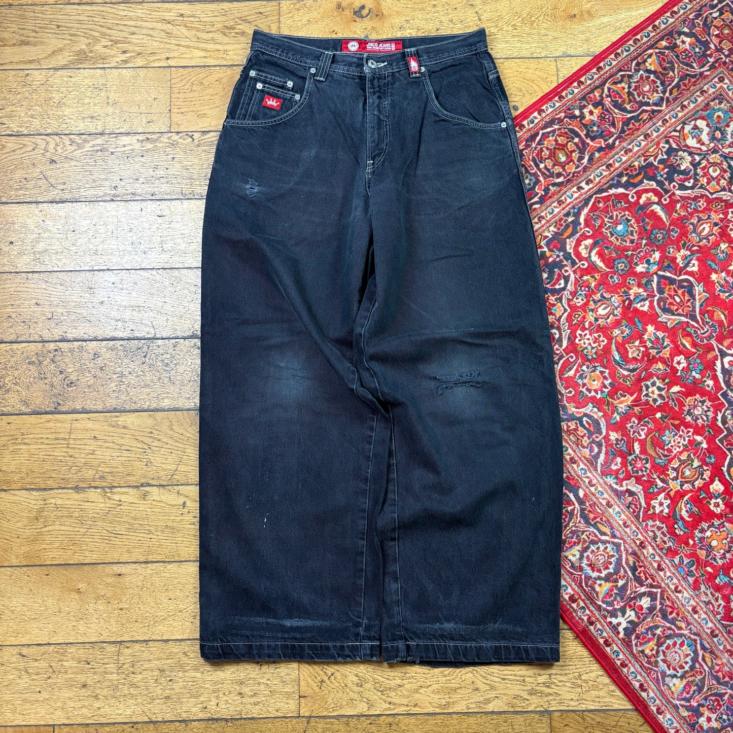 Vintage JNCO Tribal Skulls Black Embroidered Y2K Hip Hop Baggy Jeans - 34