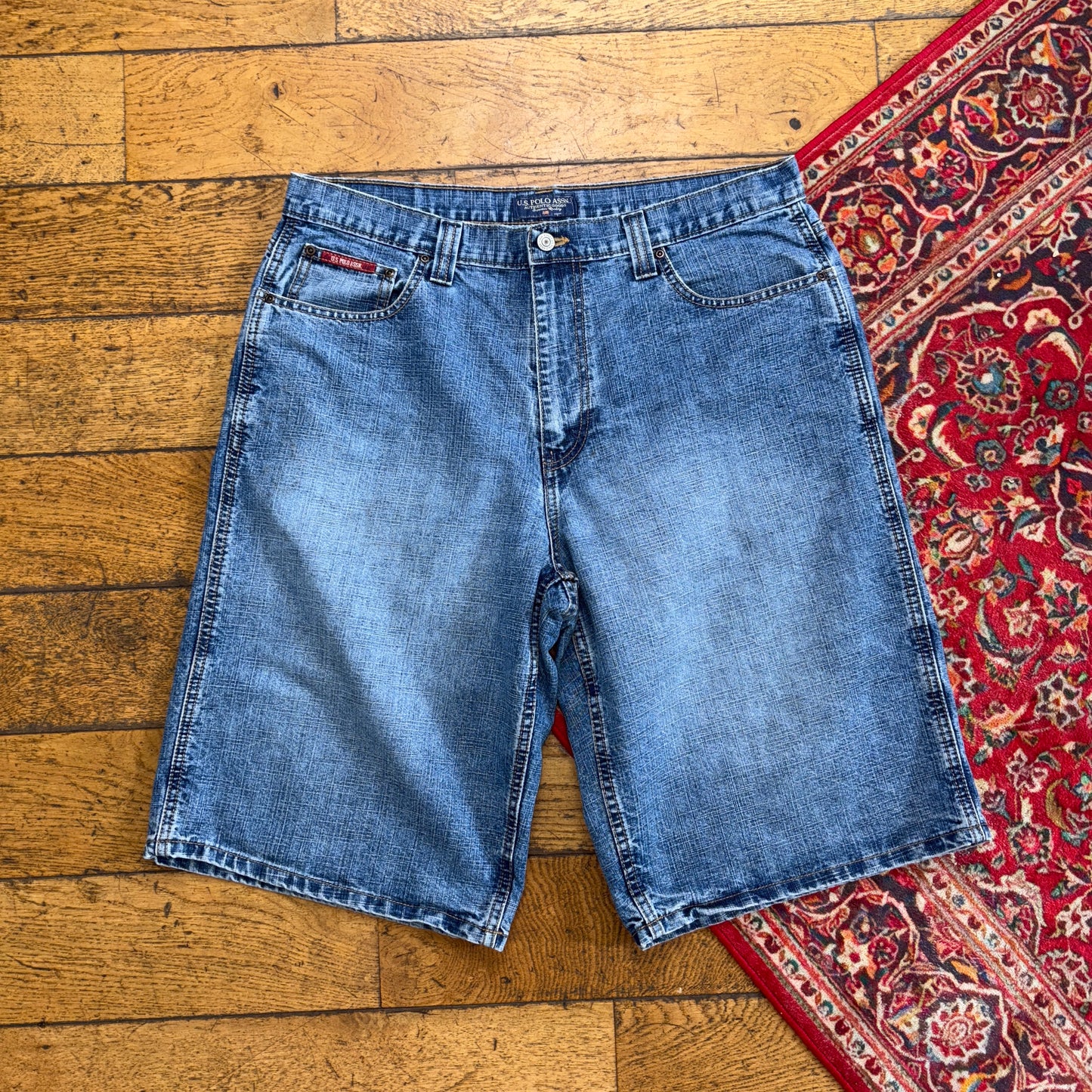 Vintage Us Polo ASSN Blue Embroidered Y2K Hip Hop Baggy Shorts Jorts - 38