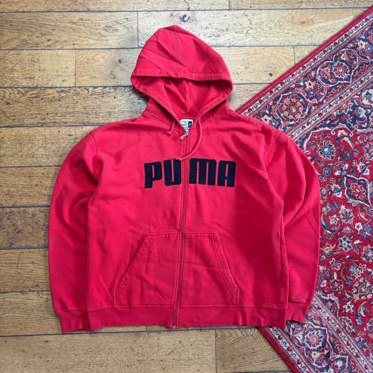 Vintage Puma Red Zip Boxy Hoodie Embroidered Sweatshirt - M