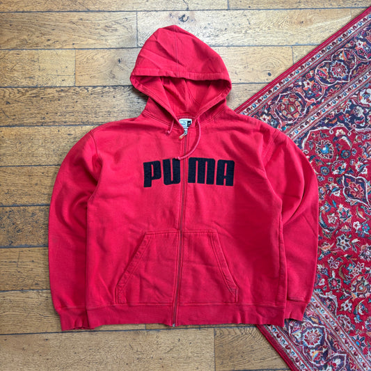 Vintage Puma Red Zip Boxy Hoodie Embroidered Sweatshirt - M