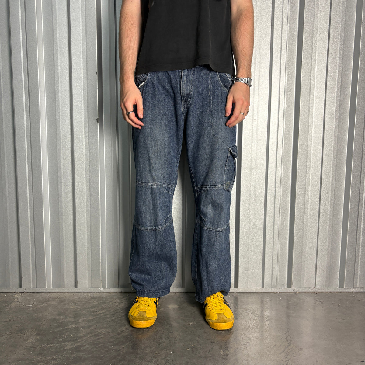 Airwalk Buckle Back Blue Cargo Embroidered Hip Hop Y2K Baggy Jeans - 36S
